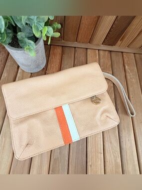 Beige Leather Wristlet Clutch Minimal Neutral Stripe Accent Pouch